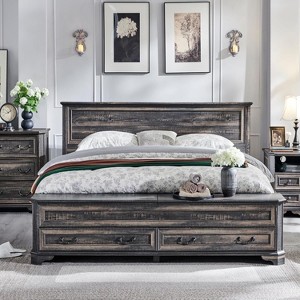 SinCiDo Farmhouse Queen Platform Bed w/Headboard & Storage Bench, Rustic Wood Bed Frame w/64" Storage Chest and 4 Drawers - 1 of 4