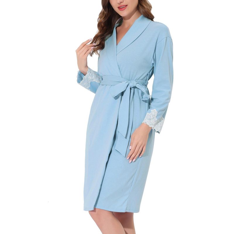 cheibear Womens Robe Knit Lace Trim Lounge Sleepwear Long Sleeve Bathrobe, 2 of 6