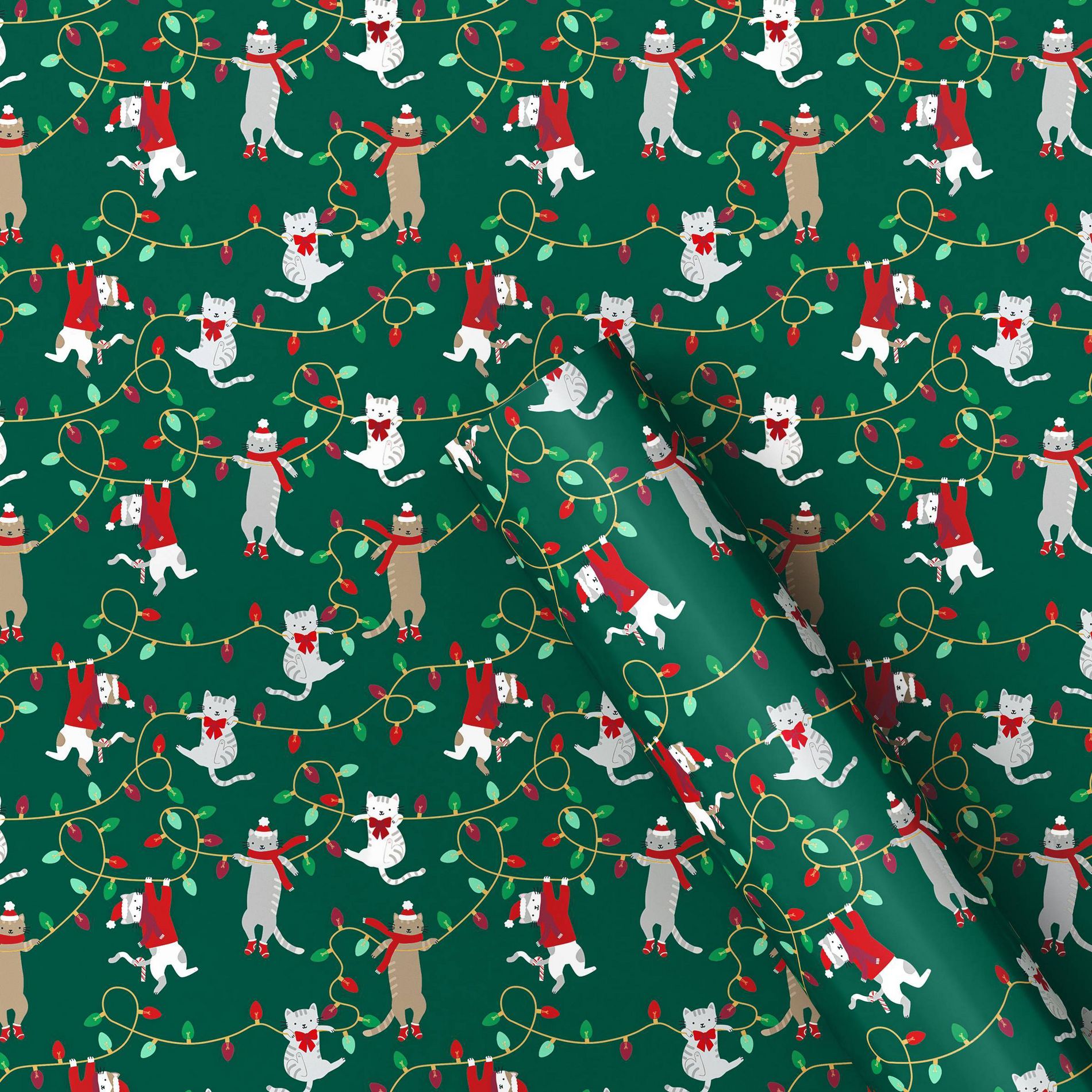 30" 50 sq ft Christmas Gift Wrapping Paper Cats with Lights on Green - Wondershop™