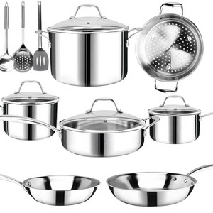 Aoibox 14-Piece Nickel Free Stainless Steel Cookware Set, Whole-Clad 3-Ply Mirror Polished Pots and Pans, Healthy Induction Cookware with Steamer - 1 of 4
