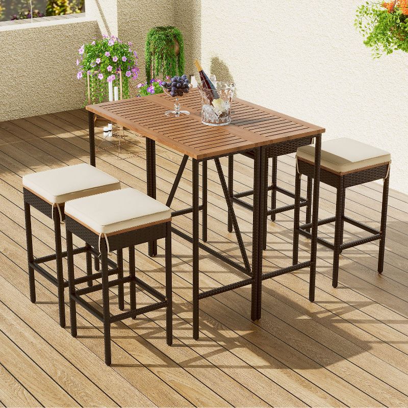 5-Piece Outdoor Acacia Wood Bar Height Table And Four Stool With Cushion,Garden PE Rattan Wicker Dining Table,Foldable Top,All-Weather Patio Furniture, 1 of 9