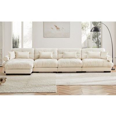 Aukfa Cream Velvet Large Sofa with Bolster Armrests, Waist & Throw Pillows – Modern Couch for Living Room, Bedroom or Office