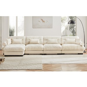 Aukfa Cream Velvet Large Sofa with Bolster Armrests, Waist & Throw Pillows – Modern Couch for Living Room, Bedroom or Office - 1 of 4