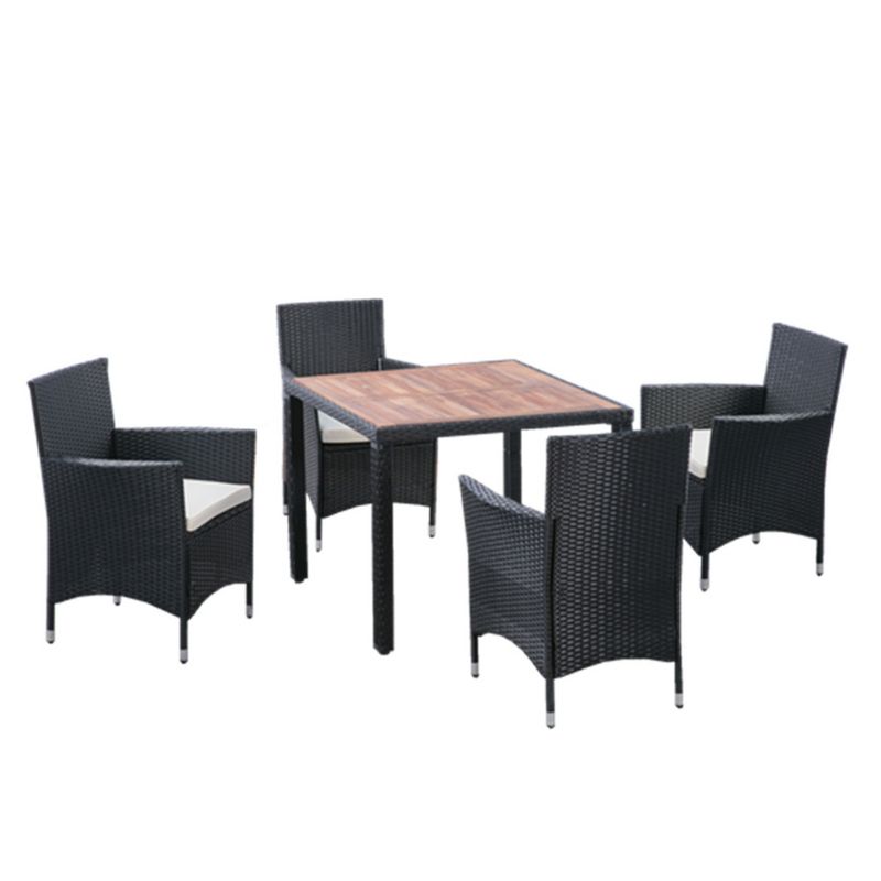 5-Piece Patio Wicker Dining Set, Outdoor Furniture with Acacia Wood Top Table, Black+Creme 4M - ModernLuxe, 5 of 13