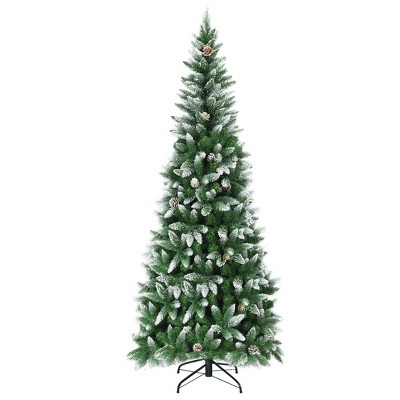 Green and White Flocked Pencil Artificial Christmas Tree with PVC Branches, Decorative Pine Cones, Hinged Metal Stand, Space-Saving Design