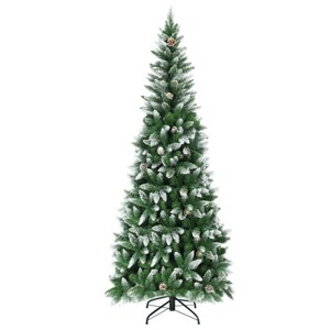 Green and White Flocked Pencil Artificial Christmas Tree with PVC Branches, Decorative Pine Cones, Hinged Metal Stand, Space-Saving Design - 1 of 4