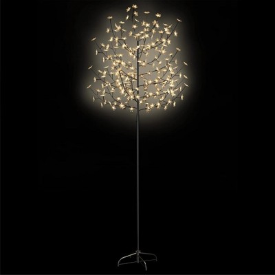 vidaXL 7ft Cherry Blossom Artificial Christmas Tree with 220 Warm White LEDs, Black Trunk, Durable Plastic & Metal Construction