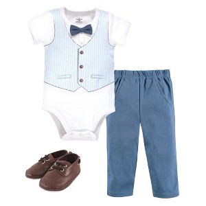 Little Treasure Baby Boy Cotton Bodysuit, Pant and Shoe 3pc Set, Light Blue Vest - 1 of 1