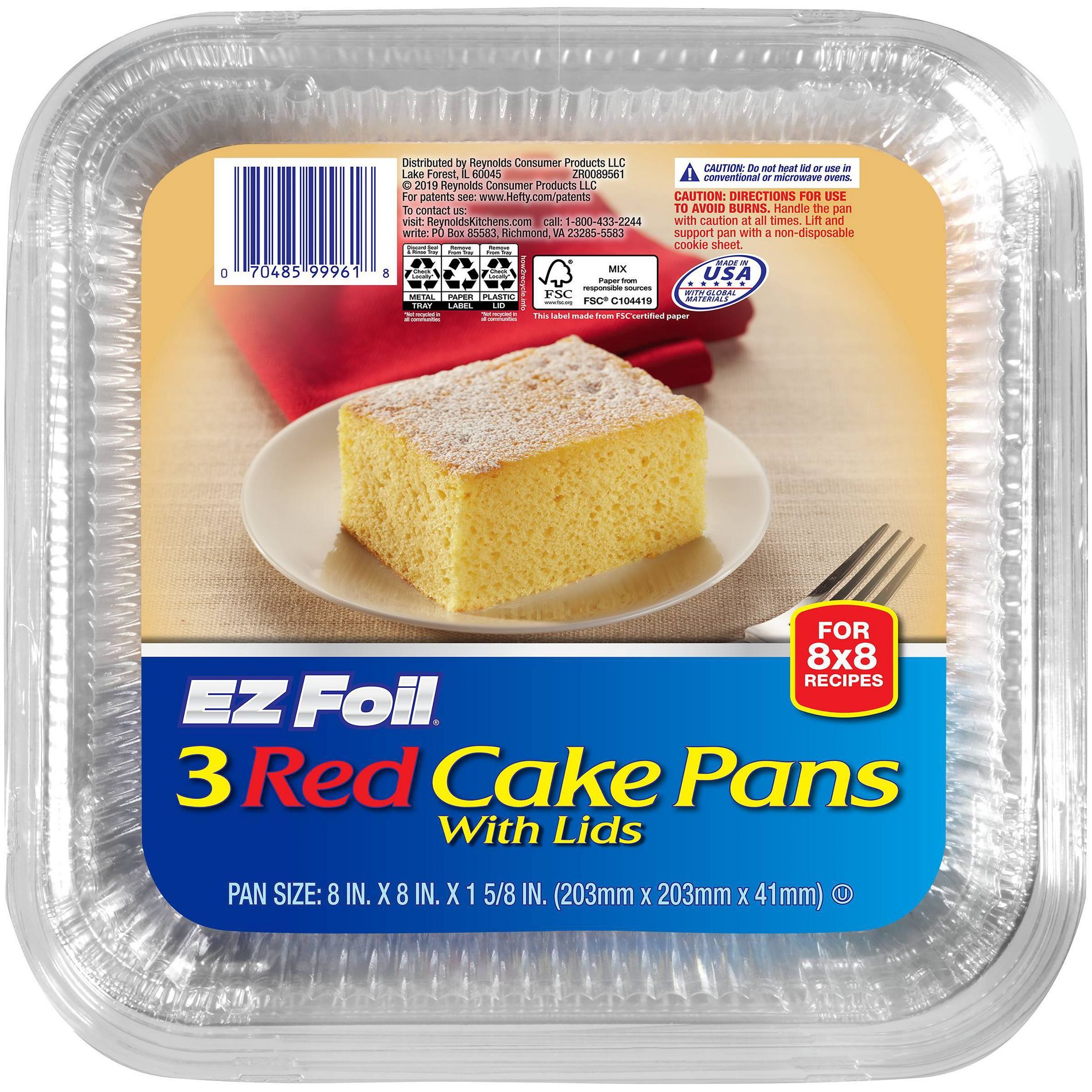 EZ Foil 8" x 8" Red Holiday Cake Pan with Lids - 3ct