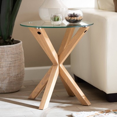 Round Glass and Wood End Table with Sculptural Base