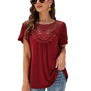 Women's Short Sleeve Lace Trim Blouse Summer Crew Neck Pleated Loose Fit Casual Shirt - 1 of 4