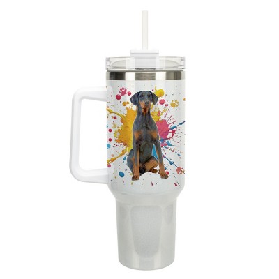 100 North 40 Ounce Stainless Steel Double Wall Insulated Glitter Travel Tumbler With Handle, Straw, and Lid, Doberman Pinscher Dog White