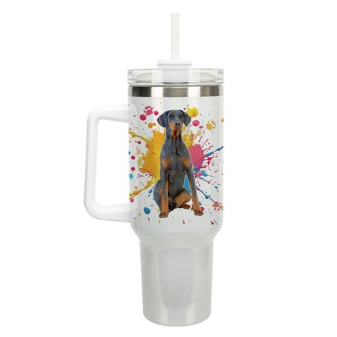 100 North 40 Ounce Stainless Steel Double Wall Insulated Glitter Travel Tumbler With Handle, Straw, and Lid, Doberman Pinscher Dog White - image 1 of 4