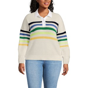 Lands' End Women's Plus Size Drifter Rugby with Woven Collar Sweater ...