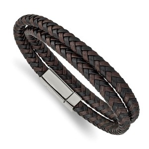 Black Bow Jewelry 6mm Stainless Steel Two Tone Leather Braided Wrap Bracelet, 15.75 Inch - 1 of 4