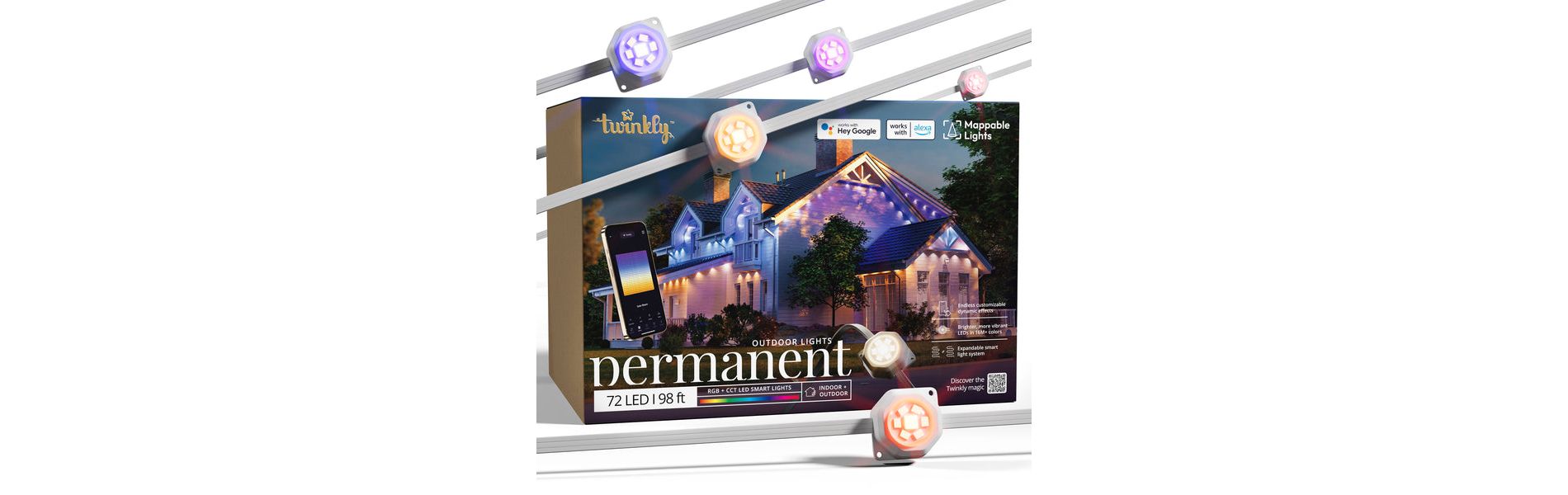Twinkly - Permanent Outdoor Lights, Smart RGB, CCT Lights, Mappable/Customizable, 98 Ft, 72 LED Lights, Waterproof, Alexa, Google - Multicolor