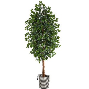 Nearly Natural 8-ft Ficus Artificial Tree in Handmade Black and White Natural Jute and Cotton Planter - 1 of 4