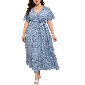 Plus Size Women's Flowy Tiered Maxi Dress - V-Neck, Short Sleeve & Waist Tie with Floral Print - 1 of 4