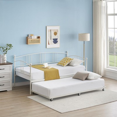 Homhougo Twin Daybed with Trundle, Metal Twin Size Daybed with Pullout Trundle 6 Casters White