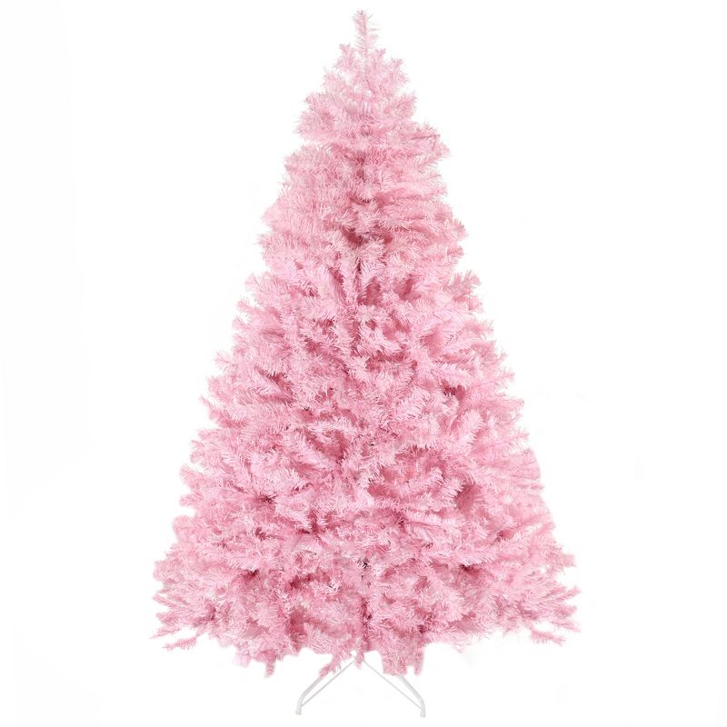 HOMCOM 6 FT Artificial Christmas Tree Holiday Decoration with Auto Open, Steel Base, Wide Shape, Pink, 1 of 7