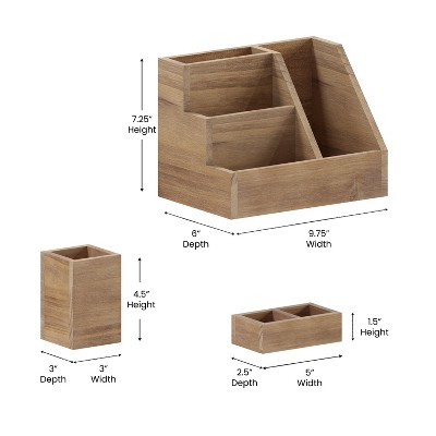 Rustic Brown Pine Wood 3-Piece Desk Organizer Set