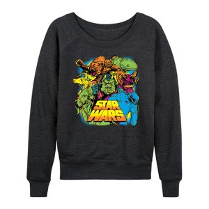 Women's - Star Wars - Neon Alien Creatures Lightweight French Terry Wide Neck Long Sleeve Shirt - 1 of 4