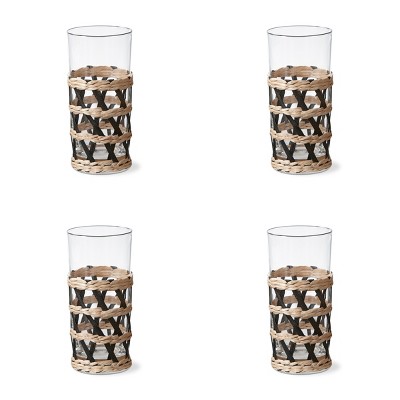 TAG Island Collection Clear Glass High Ball Glass Drinkware with Black and Natural Cattail Braided Sleeve 16 oz. Set 4