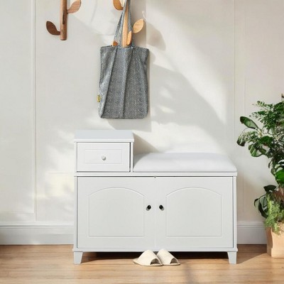 Alilang 31.90 inches White Wooden Entryway Bench with Storage Drawer and Cushioned Seat-White