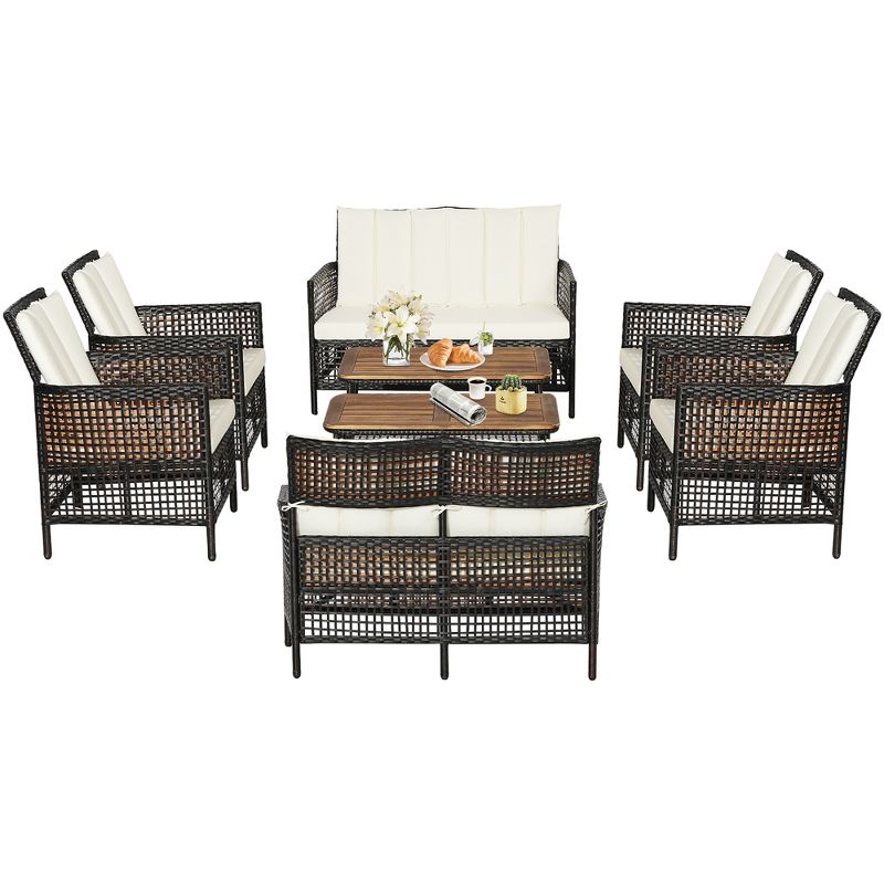 Costway 8PCS Patio Rattan Furniture Set Cushioned Chairs Wood Table Top W/Shelf, 3 of 11