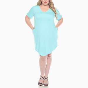 Plus Size V-Neck Folded Sleeves and Pockets Knee-Length Dress -White Mark - 1 of 4