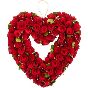Northlight Wooden Roses Floral Artificial Valentine's Day Heart Wreath - 13.5" - Red - 1 of 4