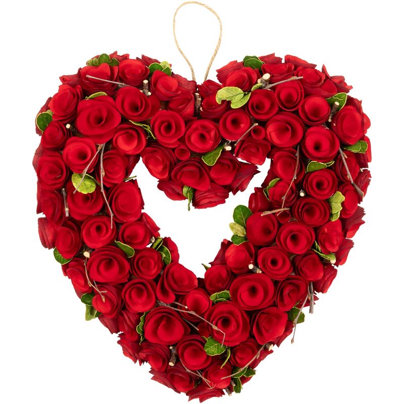 Northlight Wooden Roses Floral Artificial Valentine's Day Heart Wreath - 13.5" - Red, 1 of 7