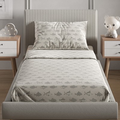 Twin Gray Fish Print Microfiber Deep Pocket Sheet Set