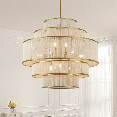 PAKOKULA 30 in. 12-Light Gold Bohemian Rattan Tiered Drum Chandelier with Beige Hand Woven Shades
