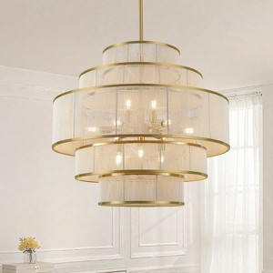 PAKOKULA 30 in. 12-Light Gold Bohemian Rattan Tiered Drum Chandelier with Beige Hand Woven Shades - 1 of 4