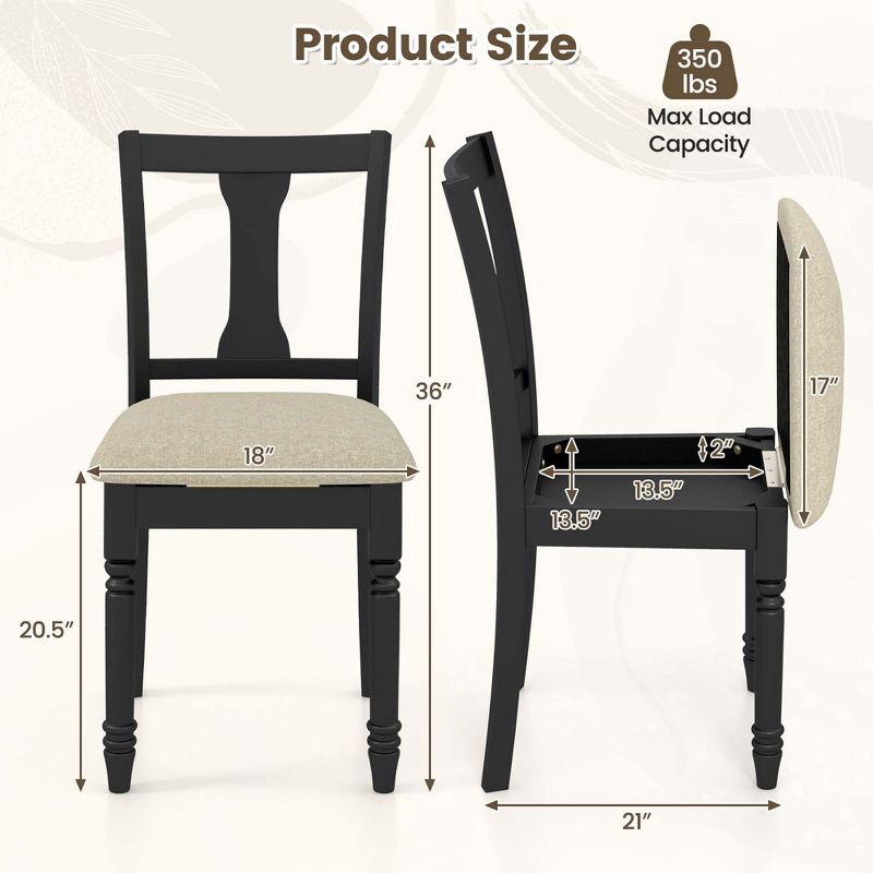Costway 2 PCS Wood Chair Antique Upholstered Chair with Storage Space Black & Beige/Brown & Light Gray, 3 of 9