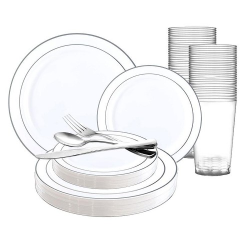 Smarty Had A Party White with Silver Edge Rim Plastic Plastic Wedding Value  Set (60 Settings)