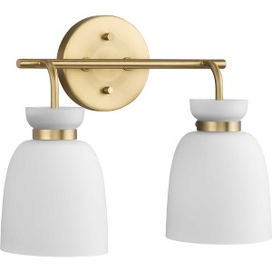 Progress Lighting Lexie 2-Light Vanity Light, Steel, Brushed Gold, Opal Glass Shades, Damp Rated - 1 of 3