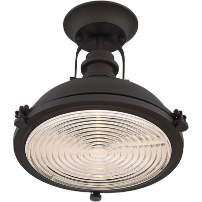 Bronze Dome 14" Industrial Semi-Flush Mount with Clear Ribbed Glass