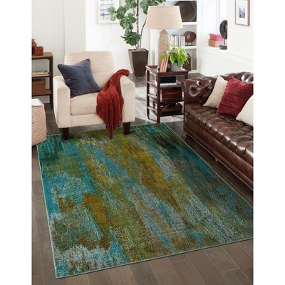 Turquoise and Yellow Abstract Stain-Resistant Indoor Rug