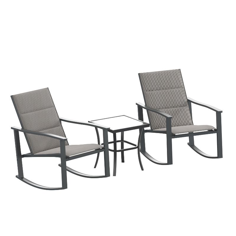 Flash Furniture Brazos 3 Piece Outdoor Rocking Chair Bistro Set with Flex Comfort Material and Metal Framed Glass Top Table, 1 of 13
