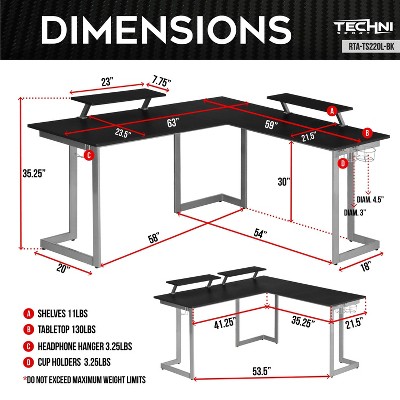 Techni Sport Warrior L-Shaped Gaming Desk with Cup Holders and Headphone Hook