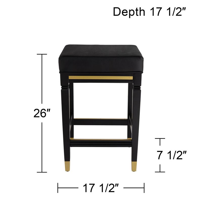 55 Downing Street Wood Bar Stool Black Gold 26" High Mid Century Modern Faux Leather Square Cushion with Footrest for Kitchen Counter Height Island, 4 of 9