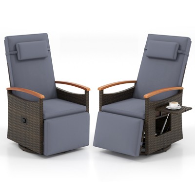 Tangkula Set Of 2 Patio Rattan 360° Swivel Recliner Chair Wicker Lounge Chair w/Adjustable Backrest & Footrest Reclining Seat w/Flip Side Table