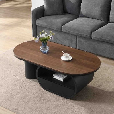 Modern Oval Coffee Table with Storage Drawer,47" Faux Marble Table with Adjustable Feet,Metal Center Table for Living Room-Cuddlewood