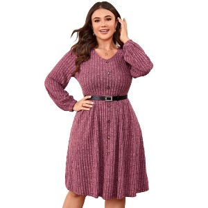 Coolmee Womens Plus Size Fall Long Sleeve Ribbed Knit Dresses Casual V Neck Knee Length Button Down Winter Sweater Dress with Belt - 1 of 4