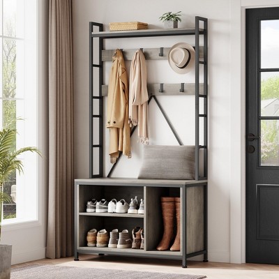 Hall Tree with Bench Coat Rack Freestanding 5 in 1 Industrial Shoe Bench w/3 Storage Cubbies and 8 Hooks Entryway Coat Rack w/Shoe Storage