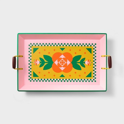 Día de Muertos 25"x15" Wood Serving Tray with Handles Pink/Green/Orange