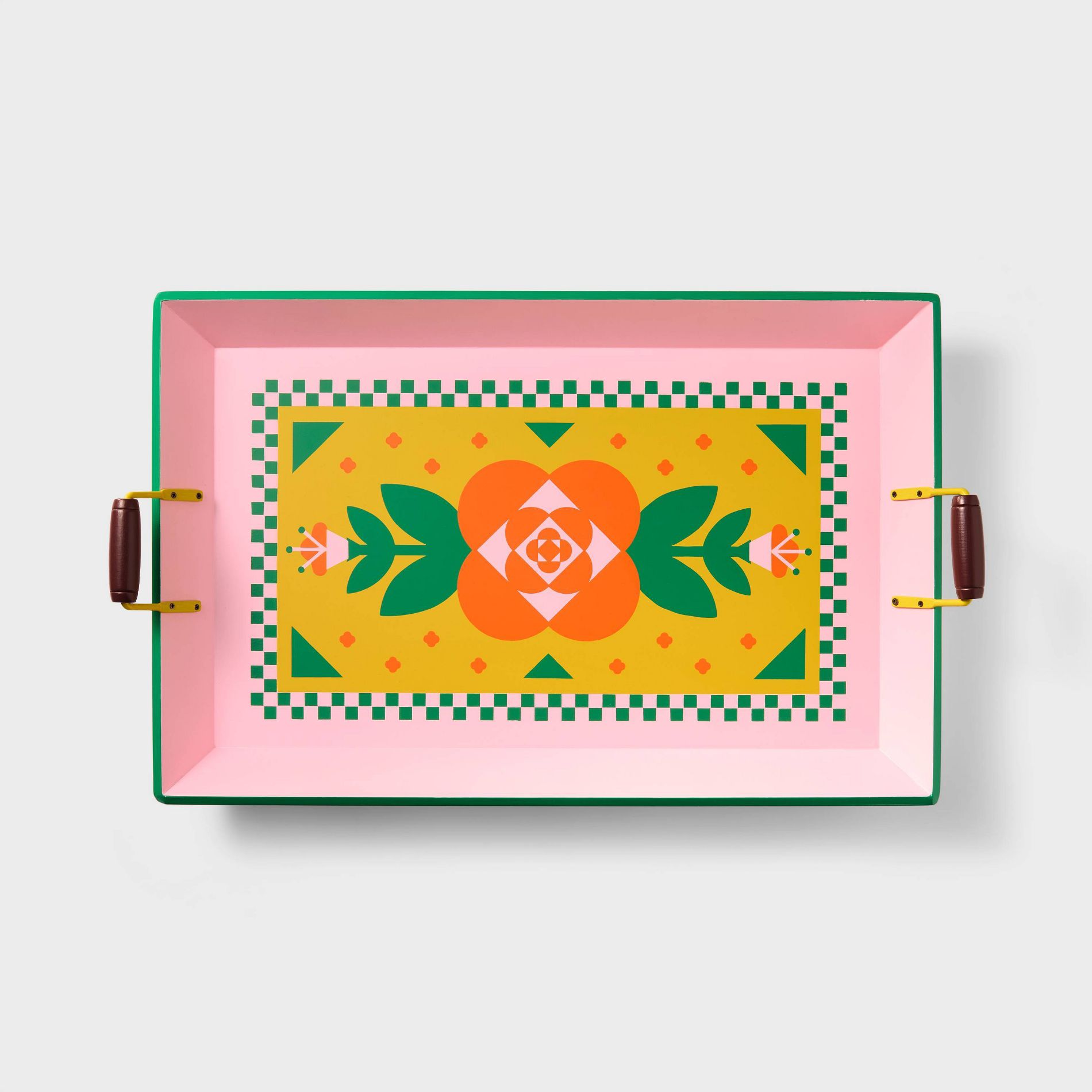 Día de Muertos 25"x15" Wood Serving Tray with Handles Pink/Green/Orange