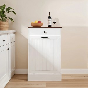 Tilt Out Trash Can Cabinet, Farmhouse Laundry Hamper Cabinet with Drawer, Hidden Wooden Trash Garbage Can Bin - 1 of 4